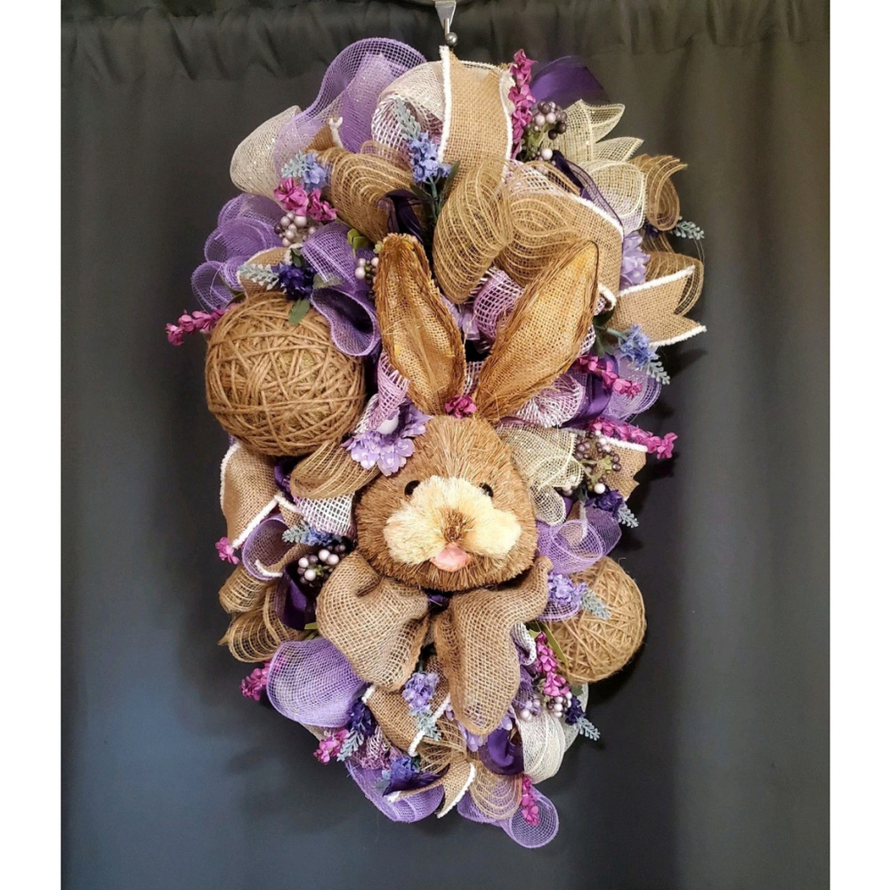 Easter Bunny Bow Ribbon Wicker Purple Handmade Wreath Decor 29"